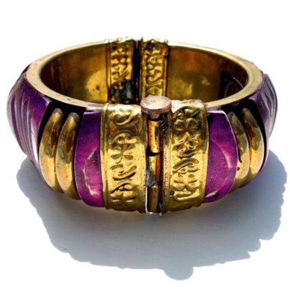 VTG 70's Large Bone and Brass Hinged Bangle - Picture 3 of 6